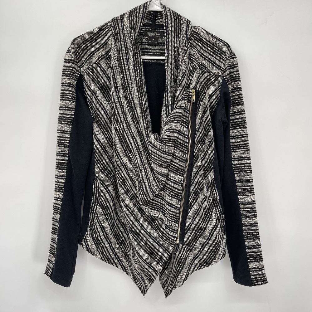 Lucky Brand Medium Jacket Women Black White Striped Asymmetrical Draped Moto M